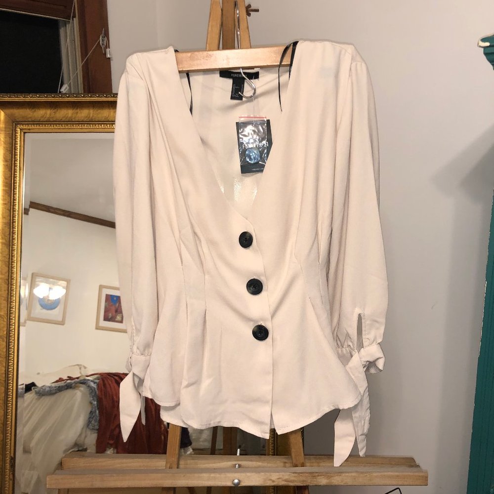 Beige Tan Pleated Button-Front Top Blouse M